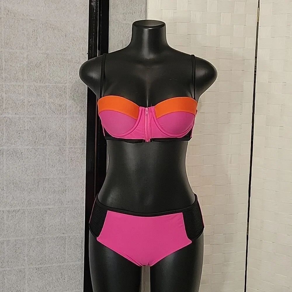 BRAND NEW YMI COLORBLOCK ZIP FRONT TWO PIECE BIKINI SWIMSUITS